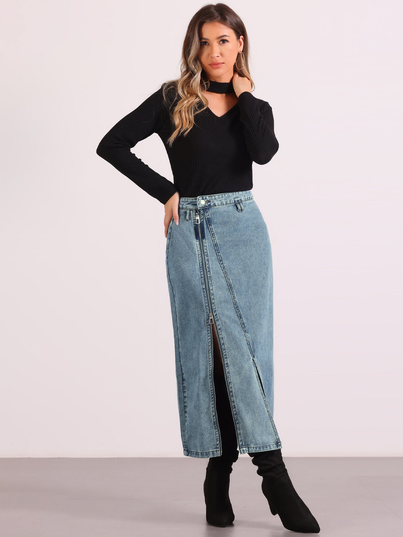 Allegra K Pocketed Denim Zipper Front Split Maxi Jean Skirt