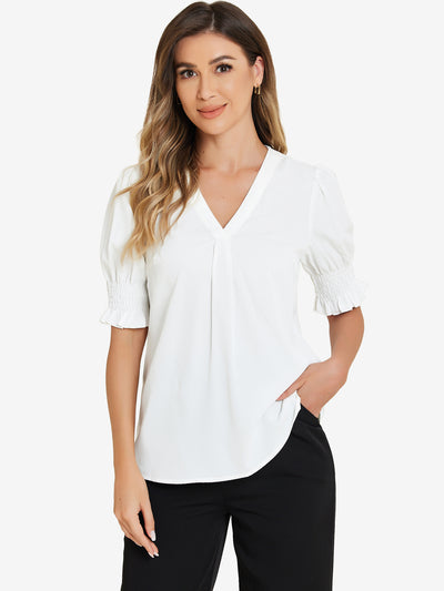 Short Bubble Sleeve Solid V Neck Casual Blouse