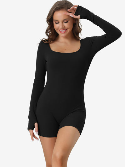 Square Neck Long Sleeve Ribbed Mid Thigh Romper