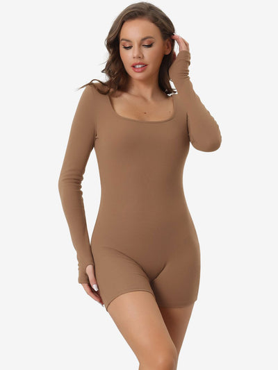 Square Neck Long Sleeve Ribbed Mid Thigh Romper