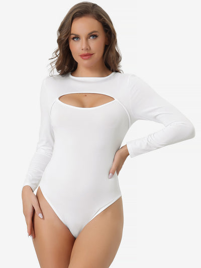 Allegra K Cut-Out Front Casual Long Sleeve Stretchy Basic Bodysuit