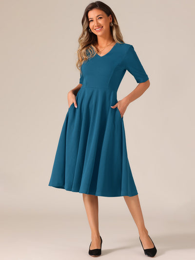 Solid Color V Neck Half Sleeve Pocketed Swing Midi Dress