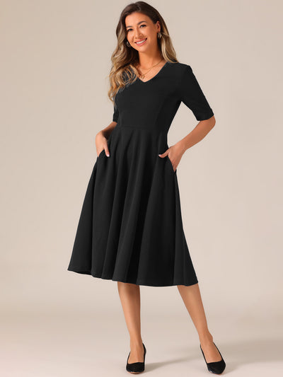 Solid Color V Neck Half Sleeve Pocketed Swing Midi Dress