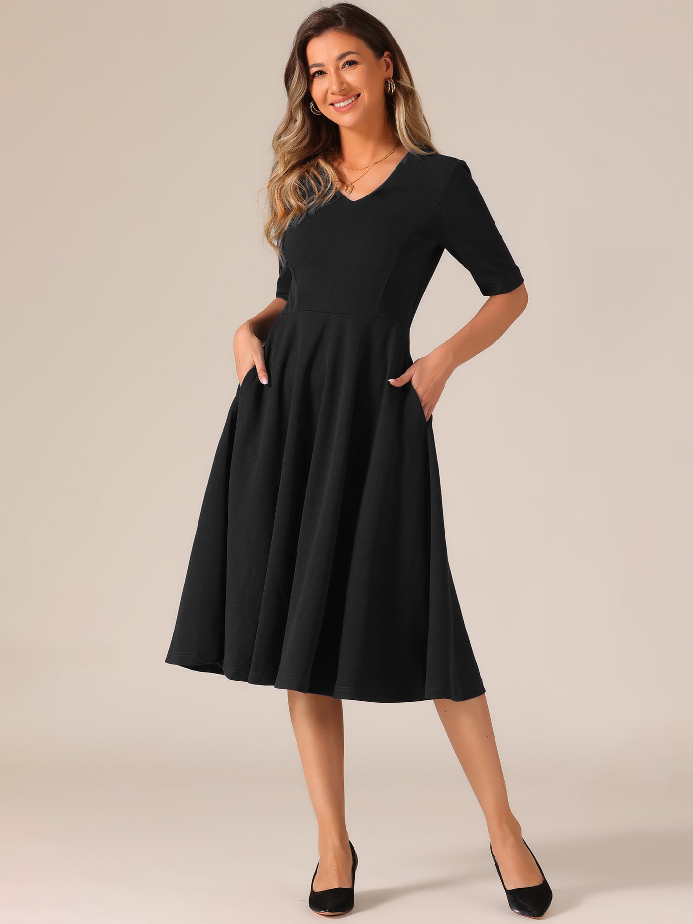 Allegra K Solid Color V Neck Half Sleeve Pocketed Swing Midi Dress