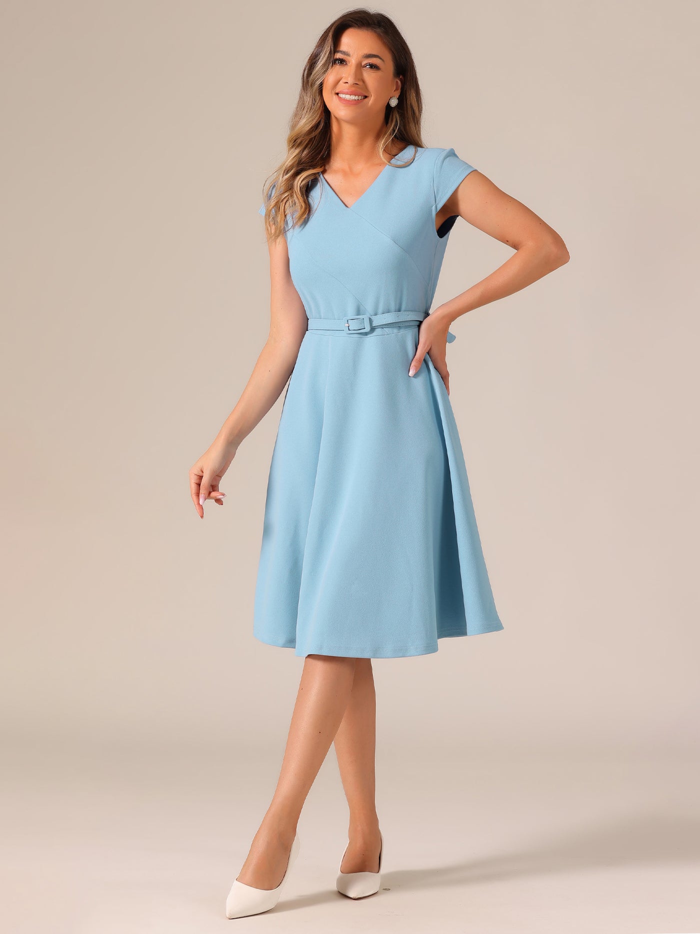 Allegra K Belted V Neck Cap Sleeve Flowy A-line Midi Dress