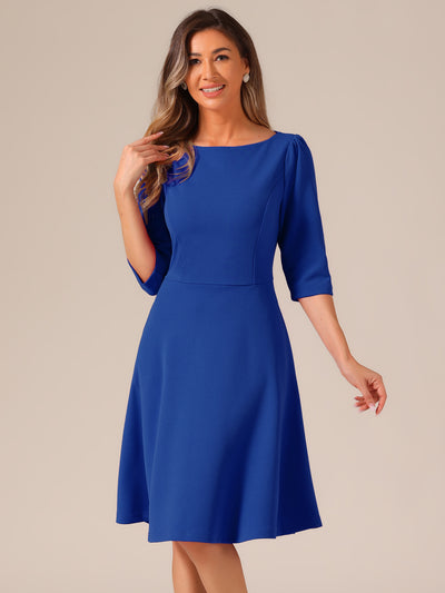 Boat Neck 3/4 Sleeves Midi Flared Office Dress