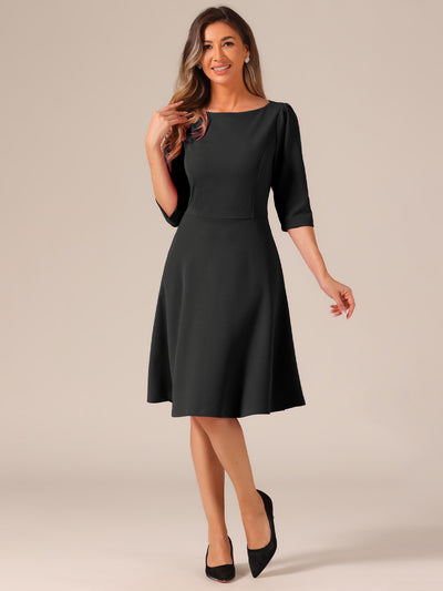 Boat Neck 3/4 Sleeves Midi Flared Office Dress