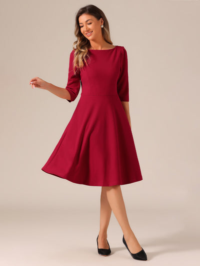 Boat Neck 3/4 Sleeves Midi Flared Office Dress