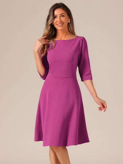 Boat Neck 3/4 Sleeves Midi Flared Office Dress