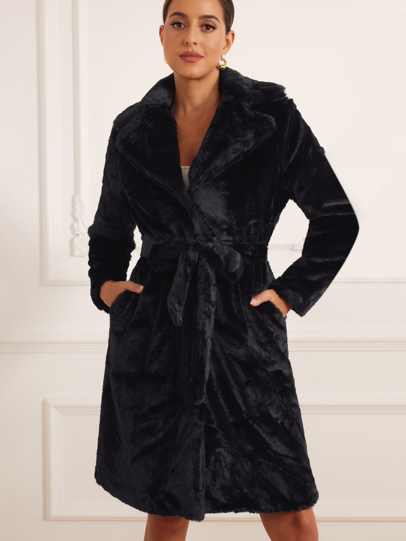 Allegra K Long Coat Belted Lapel Open Front Faux Fur Fluffy Jackets