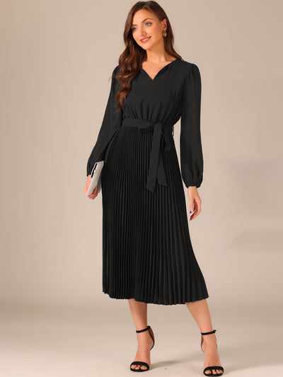 Solid V-Neck Long Sleeve Belted Pleated Midi Dress