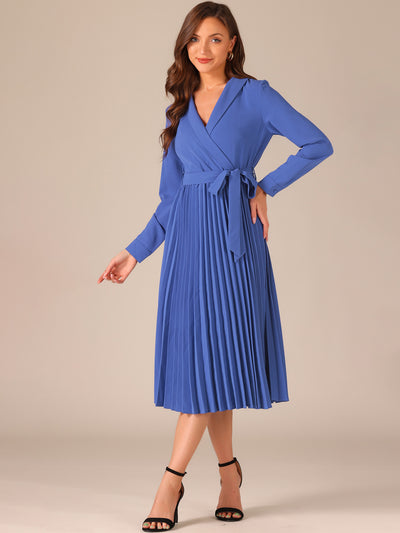 Pleated Shawl Collar Long Sleeves Belted Midi Dress