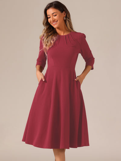 3/4 Sleeve Pleated Round Neck Pocketed A-Line Swing Midi Dress