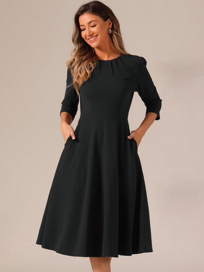 3/4 Sleeve Pleated Round Neck Pocketed A-Line Swing Midi Dress