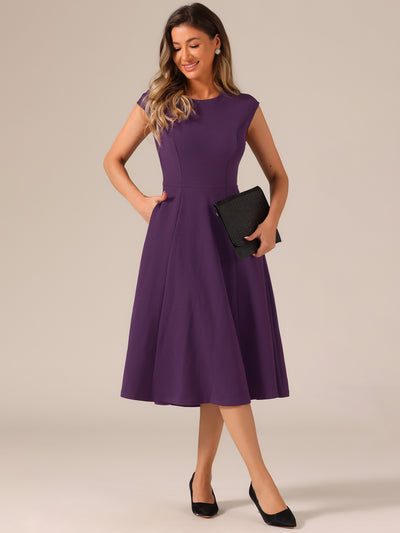 Allegra K Cap Sleeve Pocketed A-Line Work Office Midi Dress