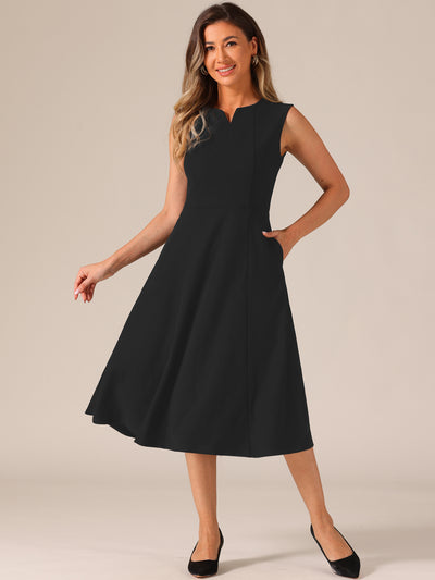 Notch Neck Pocketed Work Office A-Line Midi Dress