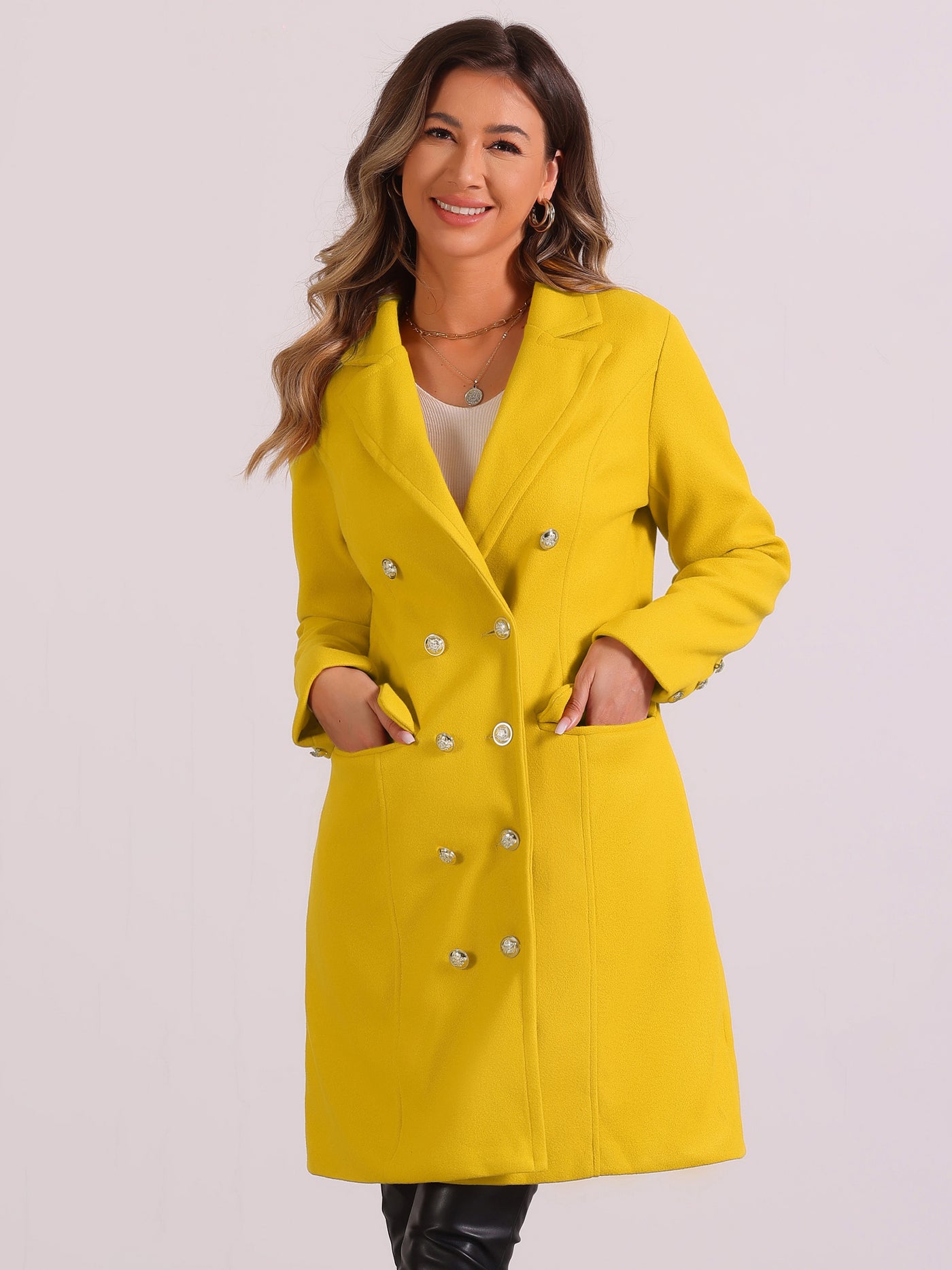 Allegra K Notched Lapel Double Breasted Mid Long Winter Pea Coat