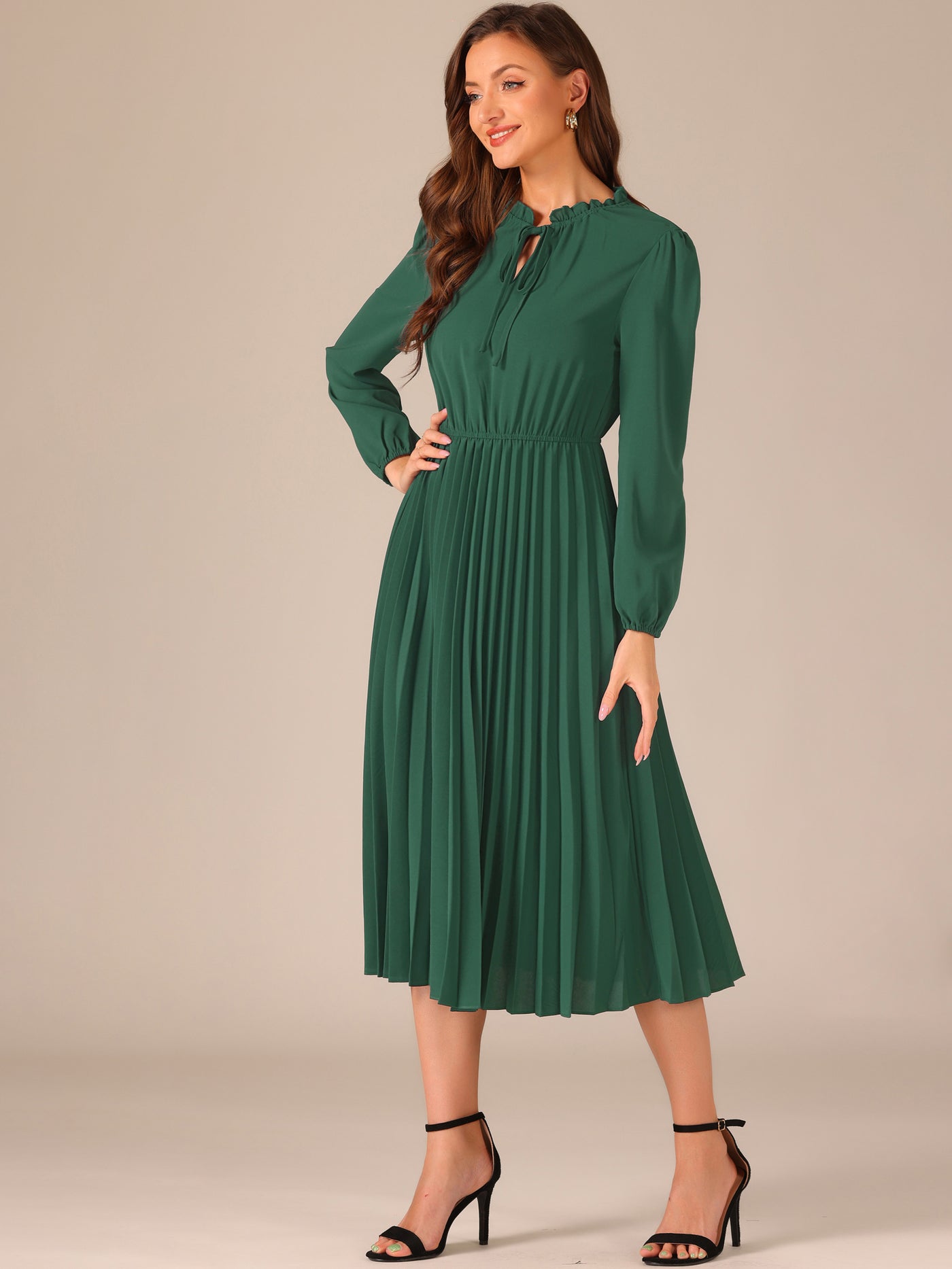 Allegra K A-Line Flowy Long Sleeve Tie V Neck Pleated Midi Dress