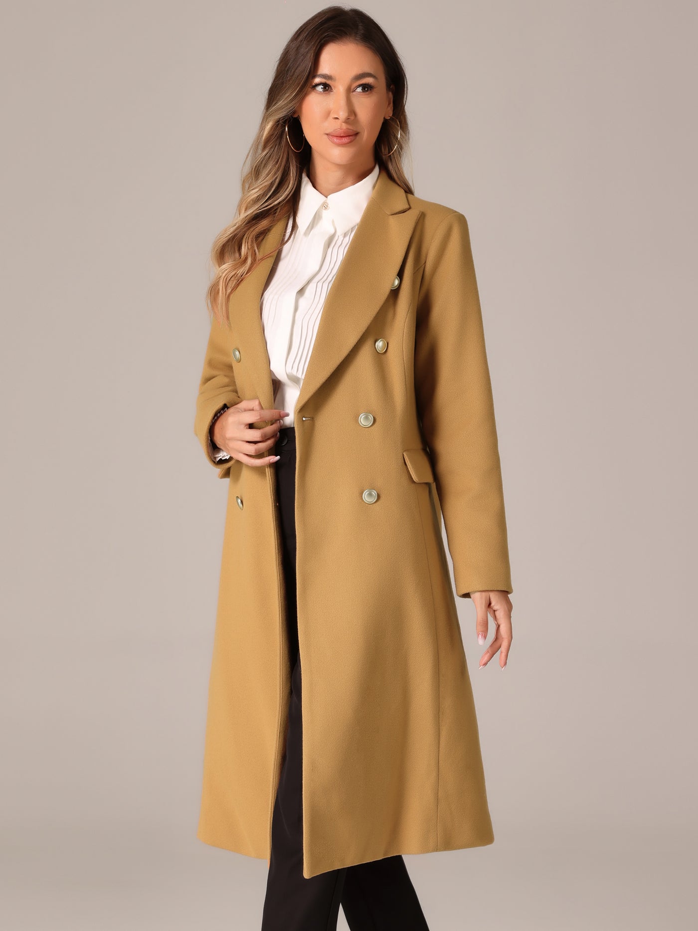 Allegra K Double Breasted Notched Lapel Collar Long Winter Pea Coat