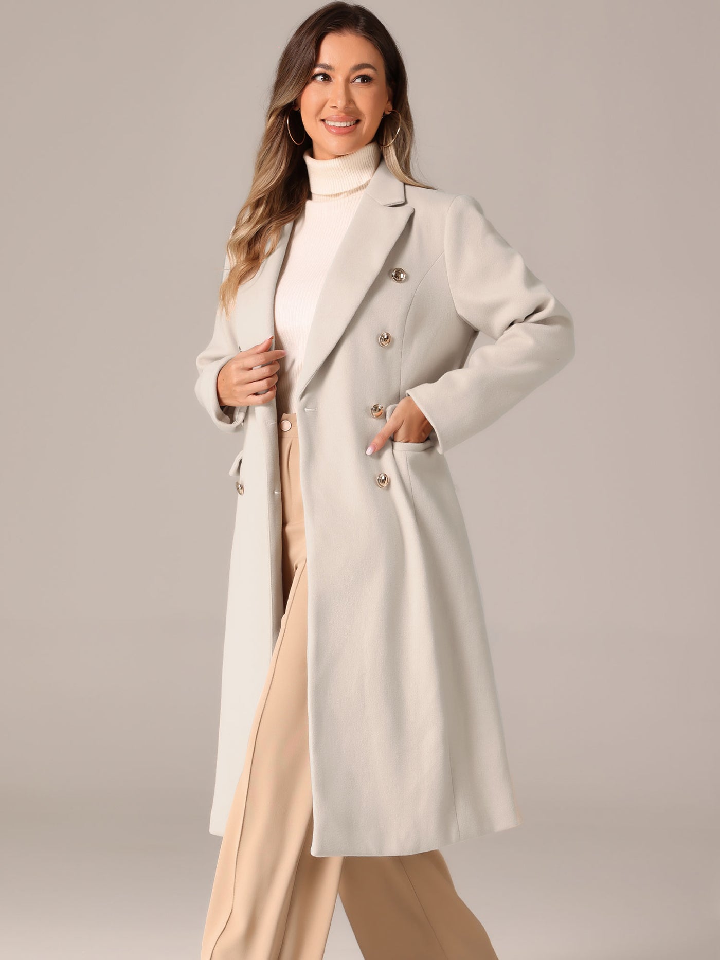 Allegra K Double Breasted Notched Lapel Collar Long Winter Pea Coat