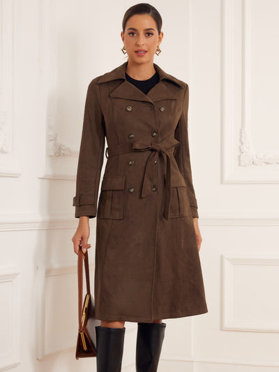 Faux Suede Notched Lapel Double Breasted Belted Long Sleeve Trench Coat