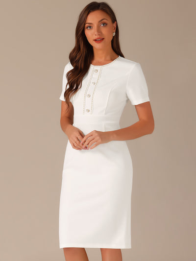 Short Sleeve Button Decor Bodycon Sheath Work Midi Dress