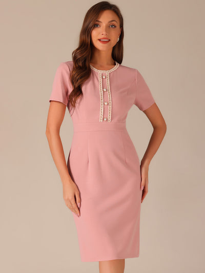 Short Sleeve Button Decor Bodycon Sheath Work Midi Dress