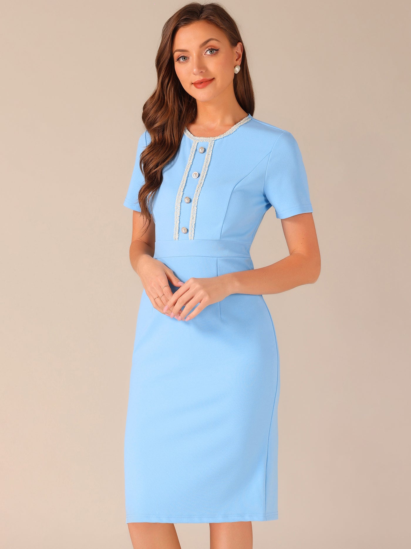 Allegra K Short Sleeve Button Decor Bodycon Sheath Work Midi Dress