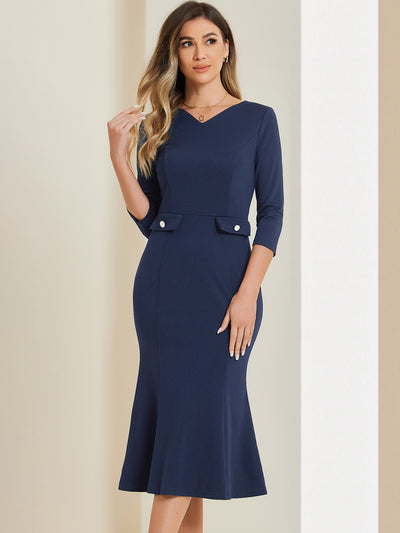 Vintage Bodycon Fishtail 3/4 Sleeve Work Church Cocktail Dress