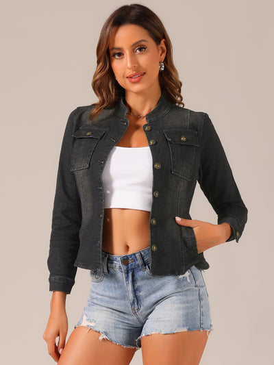 Casual Denim Classic Stand Collar Long Sleeve Jean Jacket