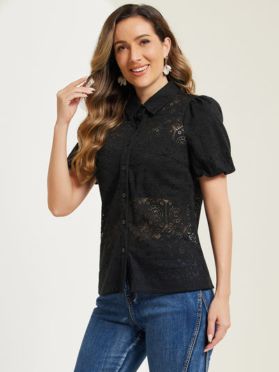 Lace Boho Puff Sleeve Button Down Eyelet Blouse