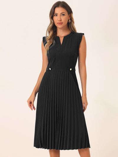 Sleeveless Dress Casual V Neck Button Pleated Midi Dress