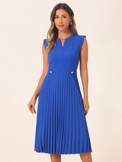 Sleeveless Dress Casual V Neck Button Pleated Midi Dress