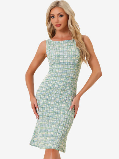 Tweed Sleeveless Elegant Plaid Cocktail Bodycon Fishtail Midi Dress