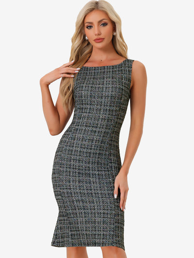 Tweed Sleeveless Elegant Plaid Cocktail Bodycon Fishtail Midi Dress