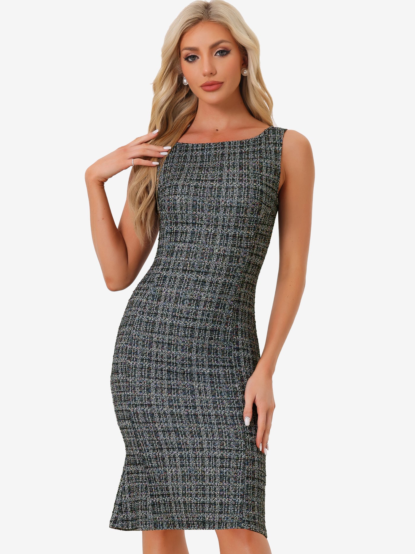 Allegra K Tweed Sleeveless Elegant Plaid Cocktail Bodycon Fishtail Midi Dress