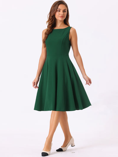 Sleeveless Boat Neck High Waisted A-Line Midi Dress