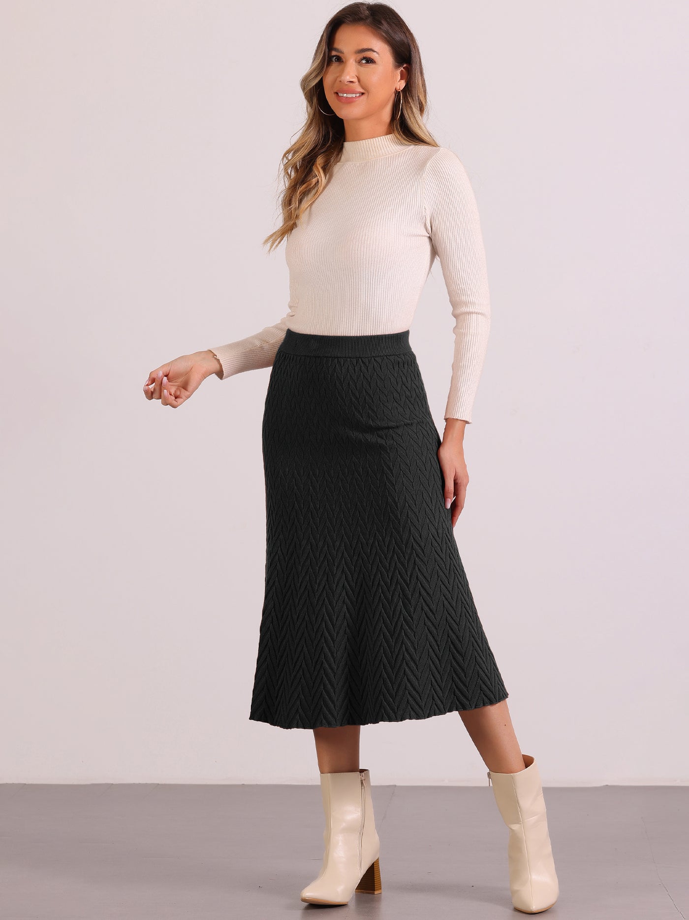 Allegra K Stretchy Textured Knit Midi Fishtail Sweater Skirt