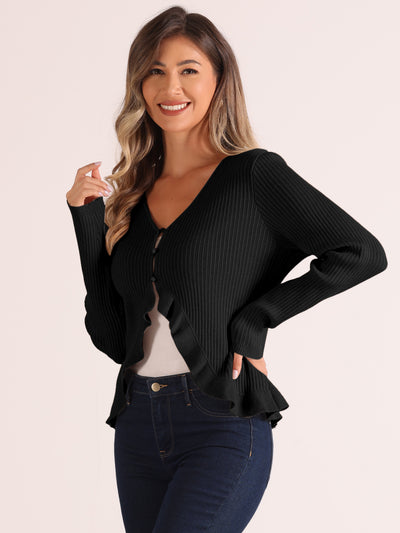 Long Sleeve Buttons Stretchy Ruffle V Neck Knit Tops