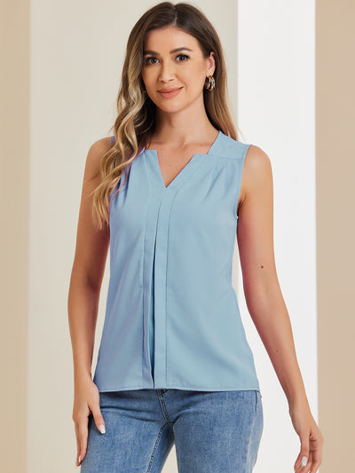 Sleeveless Work Top Pleated Chiffon V Neck Blouse