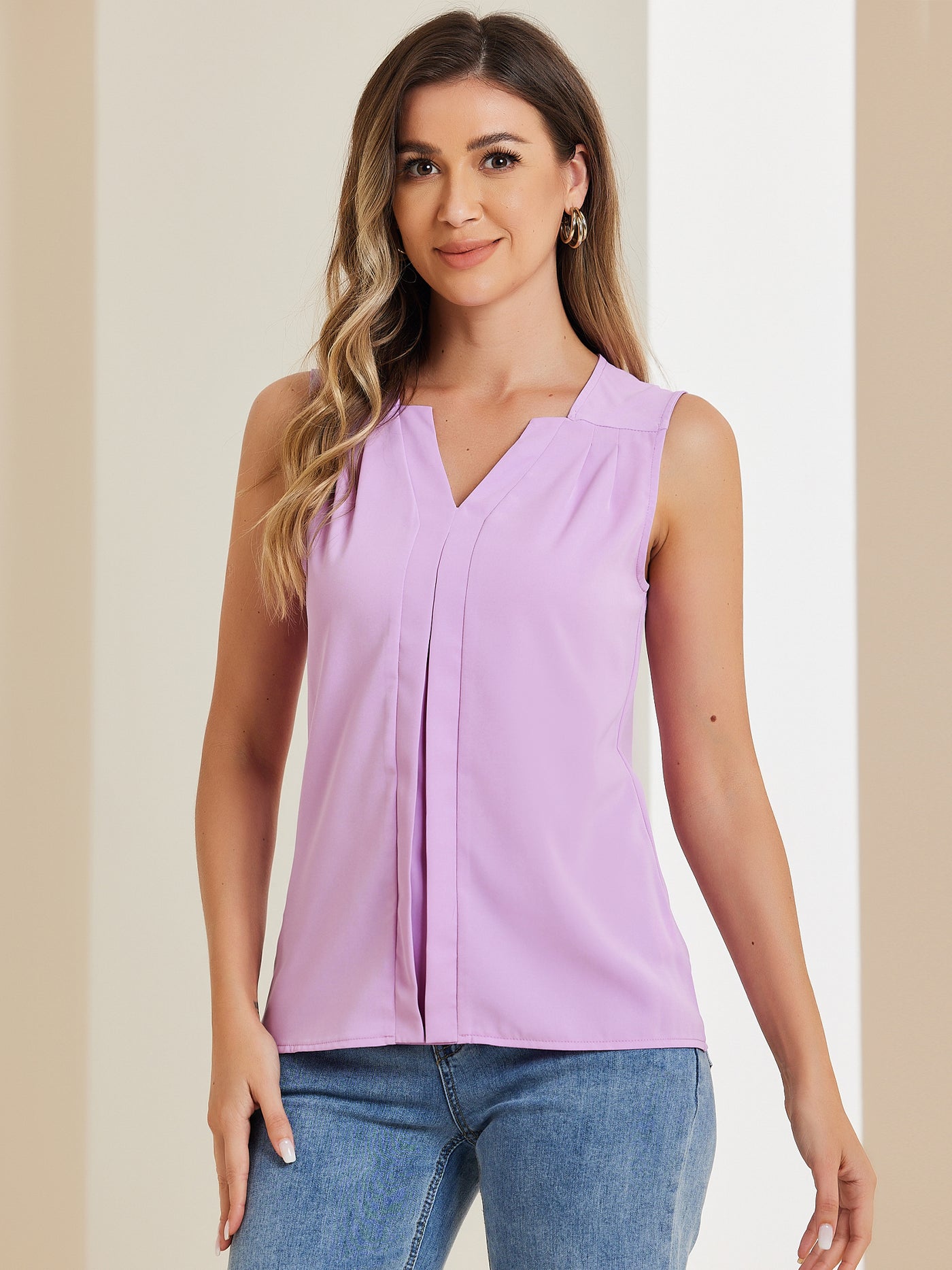 Allegra K Sleeveless Work Top Pleated Chiffon V Neck Blouse