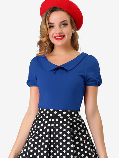 Bow Neck Solid Short Sleeve Peter Pan Collar Blouse