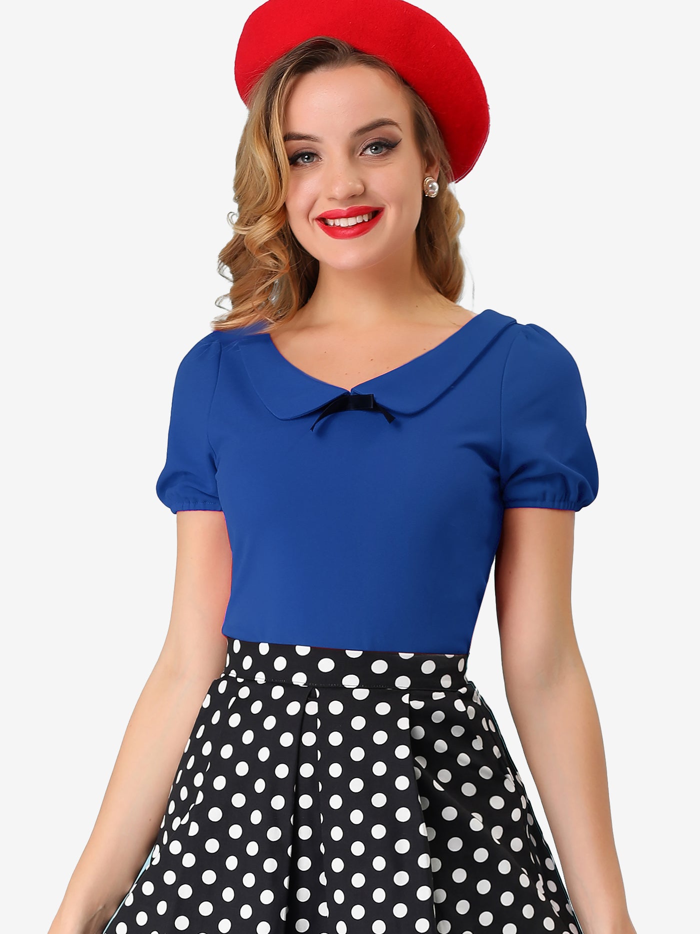 Allegra K Bow Neck Solid Short Sleeve Peter Pan Collar Blouse