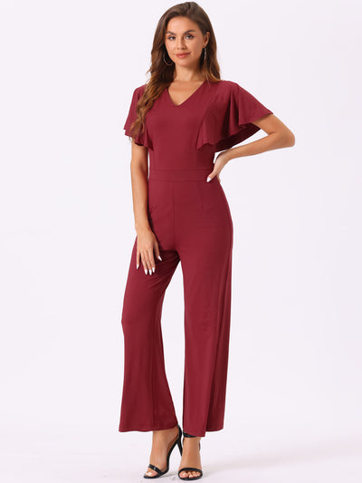 V Neck High Waist Flare Sleeves Casual Dressy Wide Leg Jumpsuits