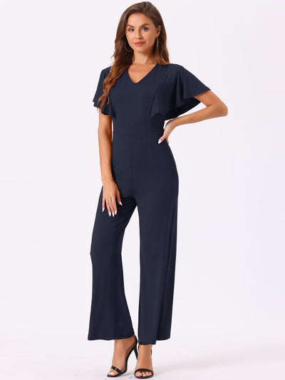 V Neck High Waist Flare Sleeves Casual Dressy Wide Leg Jumpsuits