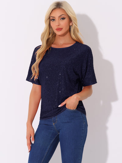 Sequin Top Round Neck Short Sleeve Party Clubwear Blouse