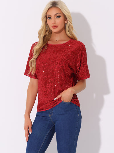 Sequin Top Round Neck Short Sleeve Party Clubwear Blouse