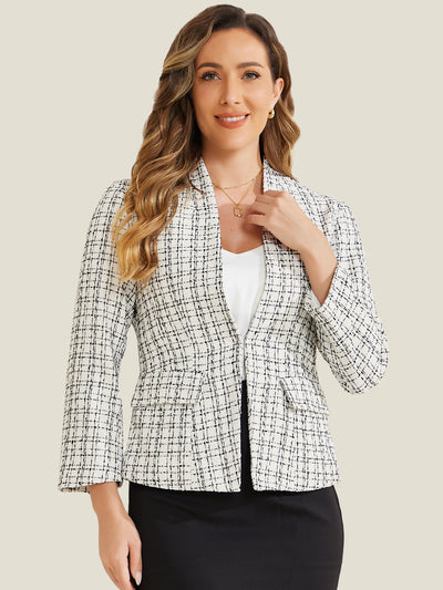 Long Sleeve Open Front Work Office Jackets Plaid Tweed Blazer