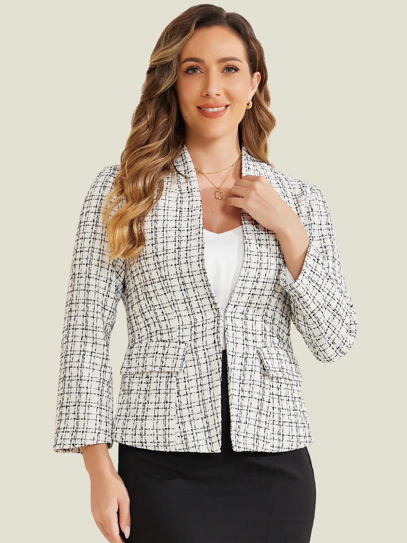 Allegra K Long Sleeve Open Front Work Office Jackets Plaid Tweed Blazer