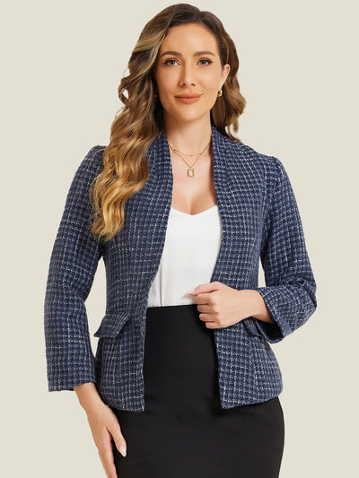 Long Sleeve Open Front Work Office Jackets Plaid Tweed Blazer